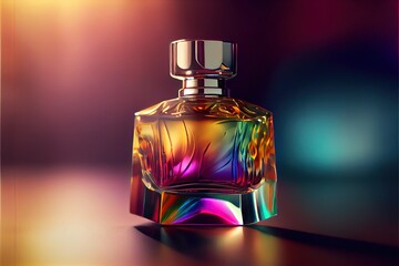  a colorful glass bottle with a metal top on a table with a blurry background and a light reflection. Generative AI