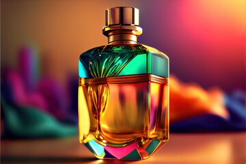  a colorful bottle of perfume sitting on a table next to a colorful background with a fish in it's mouth. Generative AI
