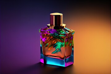  a bottle of perfume with a colorful design on it's top and a gold cap on the top. Generative AI