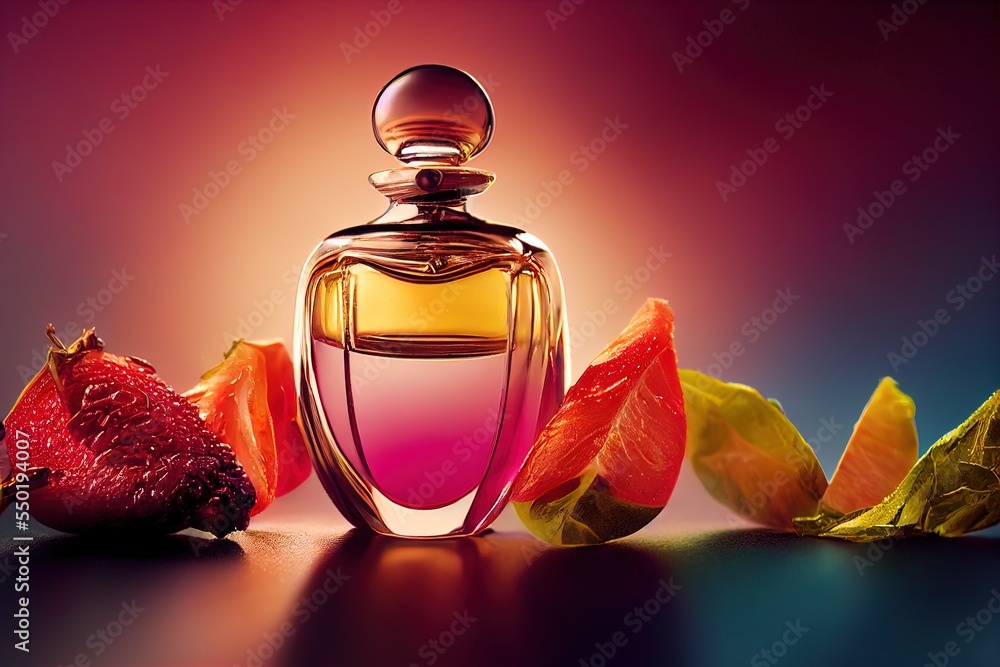 Poster a bottle of perfume next to a fruit on a table with leaves and a pomegranate on it. generative ai