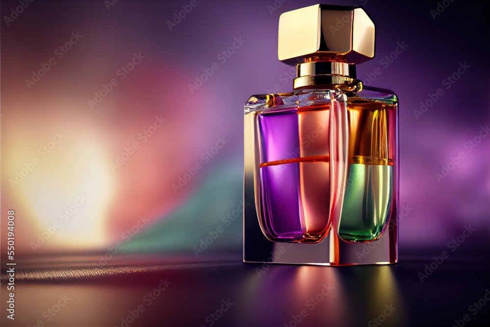 Poster a colorful bottle of perfume on a table with a blurry background behind it and a gold top on the top