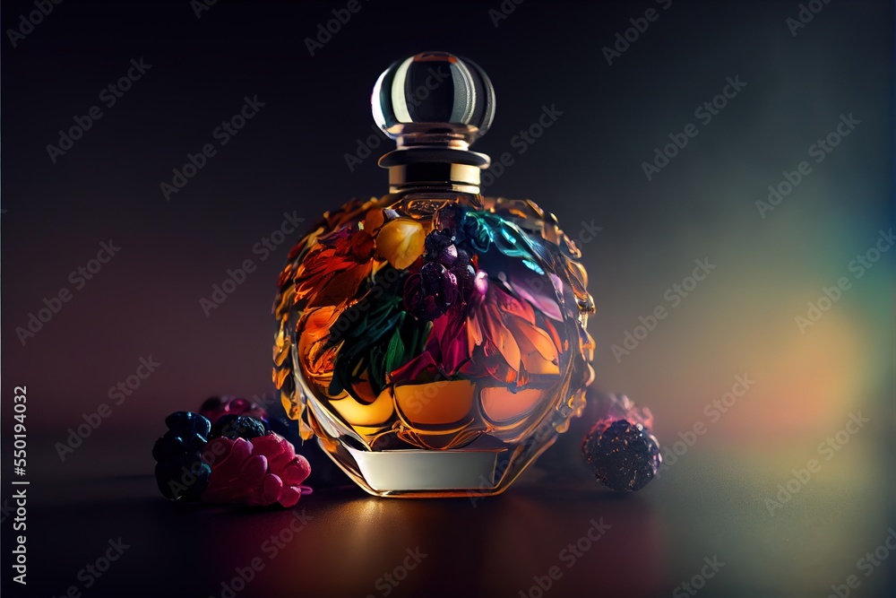 Poster a colorful bottle of perfume sitting on a table next to some berries and a candy canet on the table.