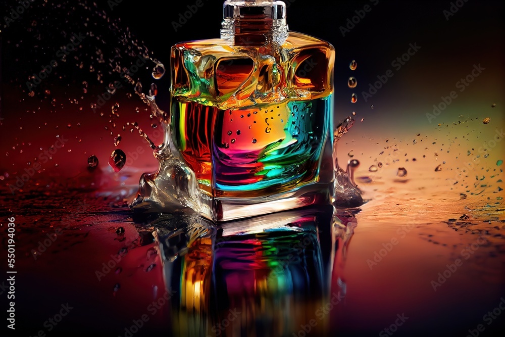 Aufkleber a colorful bottle of liquid with a splash of water on it's surface and a reflection of the bottle. g