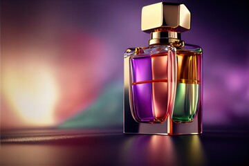  a colorful bottle of perfume on a table with a blurry background behind it and a gold top on the top. Generative AI
