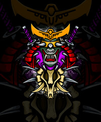 illustration of samurai and animal head skeleton