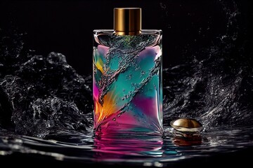  a bottle of perfume with a splash of water on it and a gold lid on the side of the bottle. Generative AI