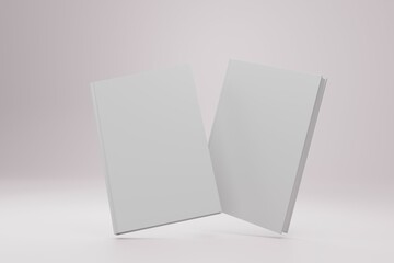Hardcover book template, two blank books standing floating on white background for design purposes, 3d rendering