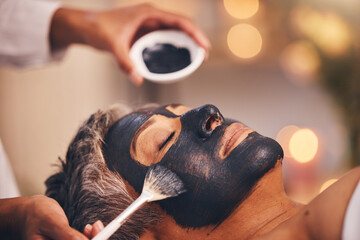 Spa, skincare wellness and charcoal face mask or woman relax for luxury cosmetics therapy. Beauty...