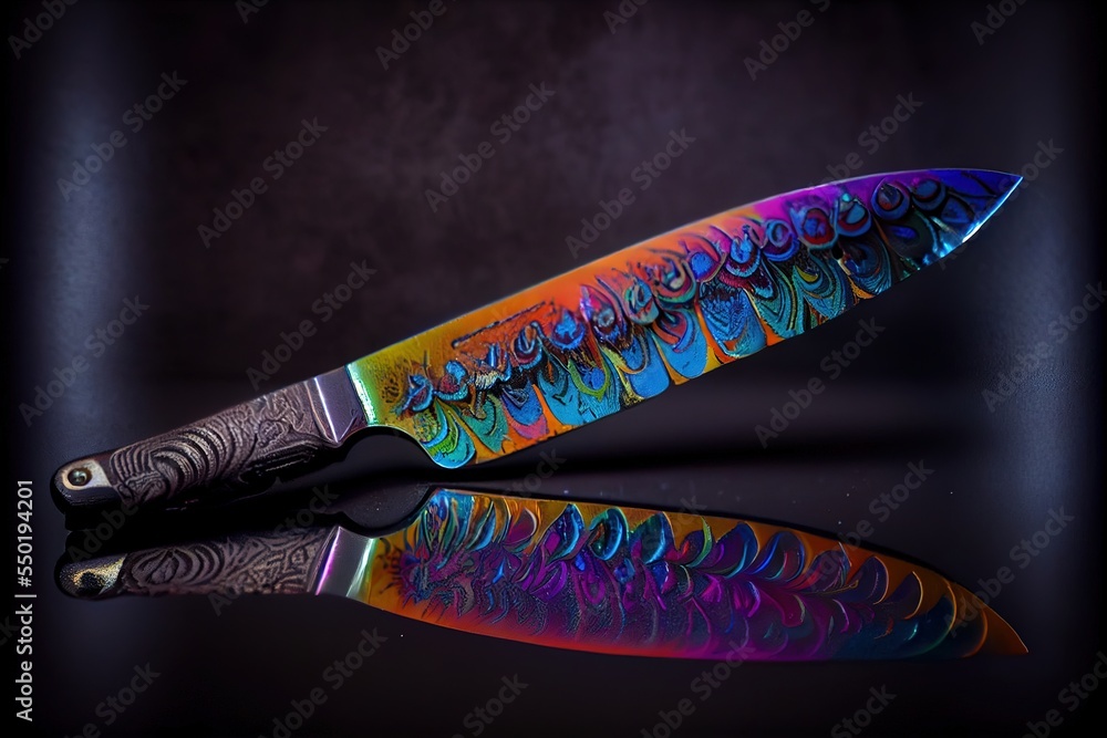 Poster a colorful knife with a black handle on a black surface with a reflection of the knife on the surfac
