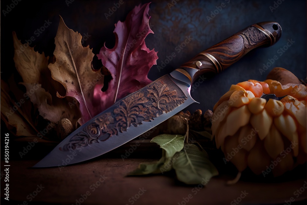 Poster a knife and some leaves on a table with a knife in it's center and a knife in the middle. generative