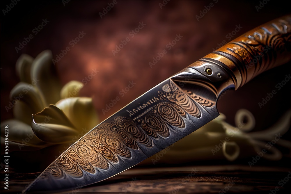 Poster a knife with a decorative handle on a table next to a flower and a dark background with a flower. ge