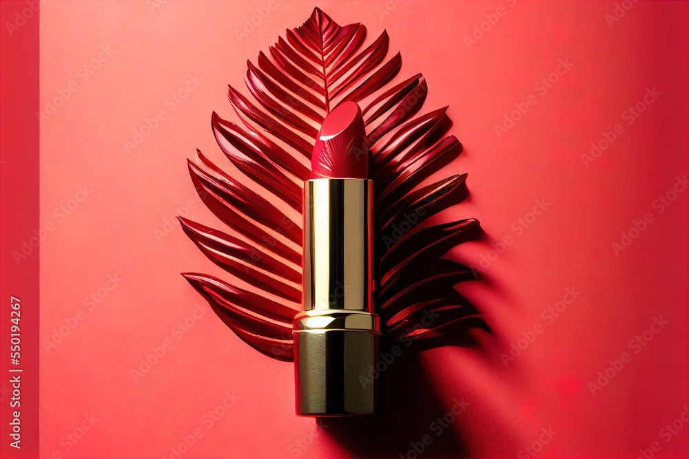 Poster a lipstick with a red lipstick shade on a red background with a leaf shadow on the wall and a red wa