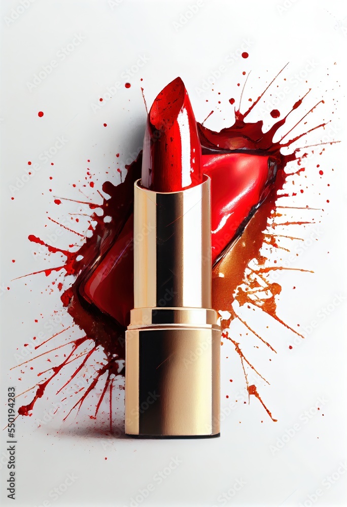 Poster a lipstick with a red stain on it and a white background with a red splash on it and a white backgro