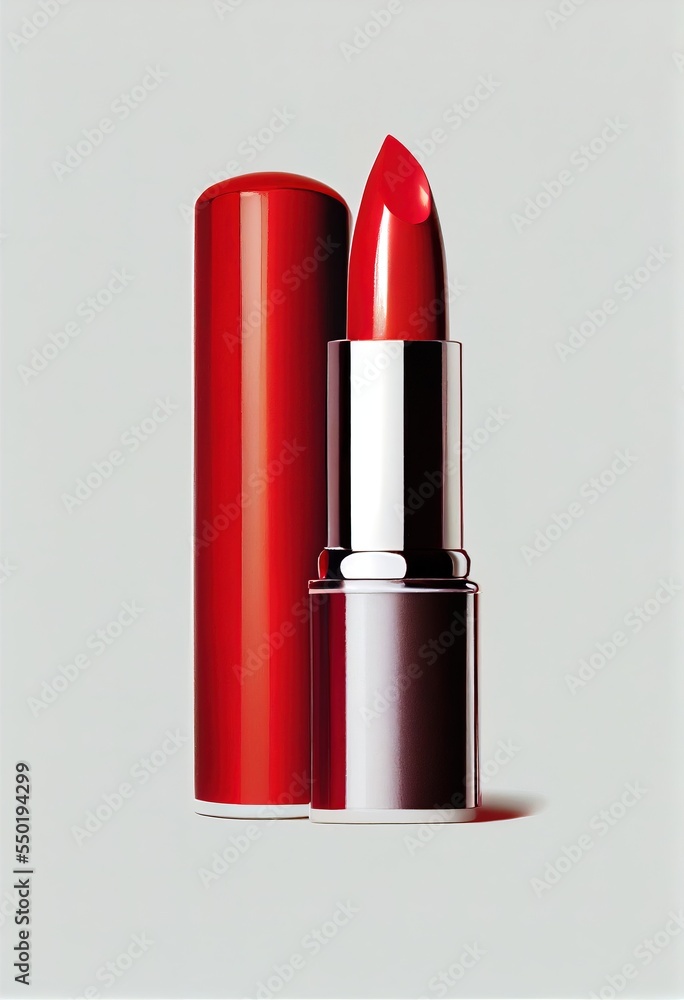 Poster a red lipstick with a silver cap on a white background with a shadow of the lipstick on the left. ge