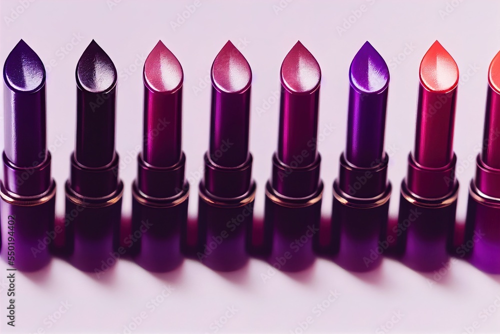 Poster a group of lipsticks lined up on a white surface with a pink background and a pink background with a