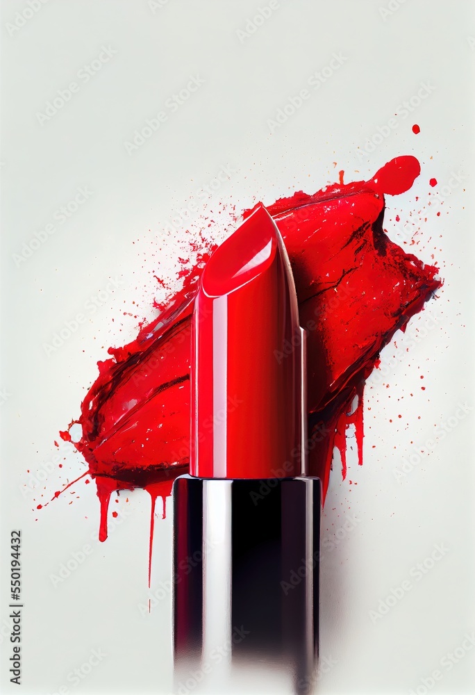 Poster a red lipstick with a splash of red liquid on it's side and a white background with a white backgrou