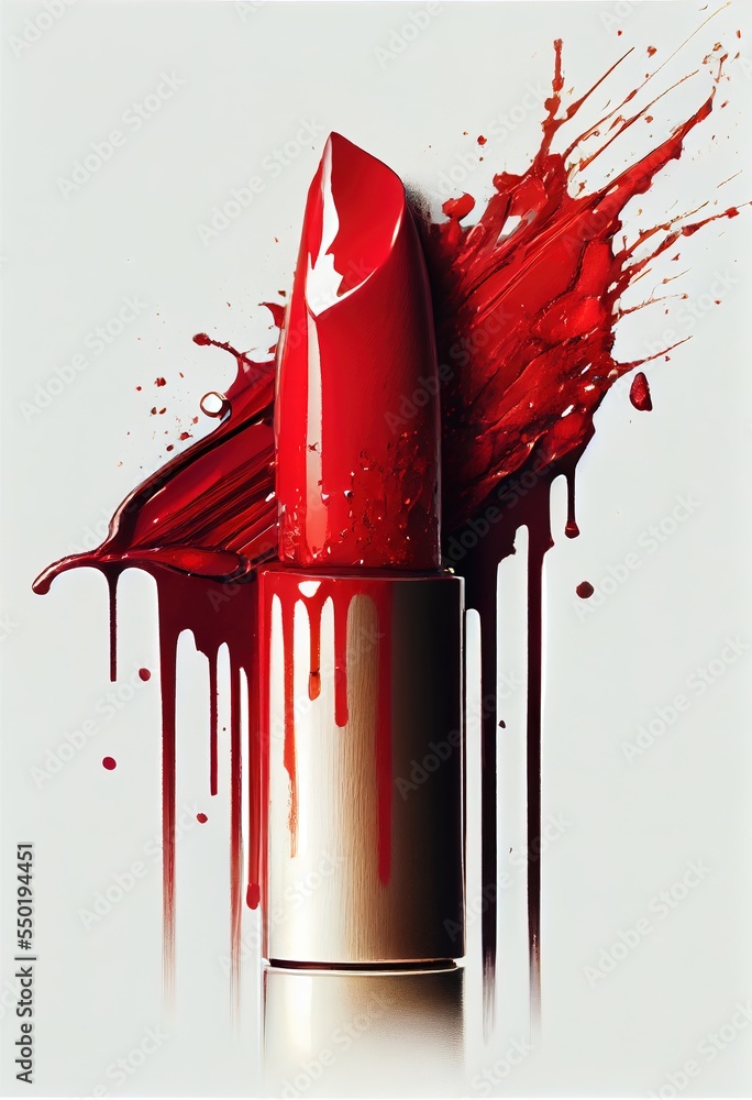Poster a red lipstick with a splash of paint on it's side and a white background with a white border. gener