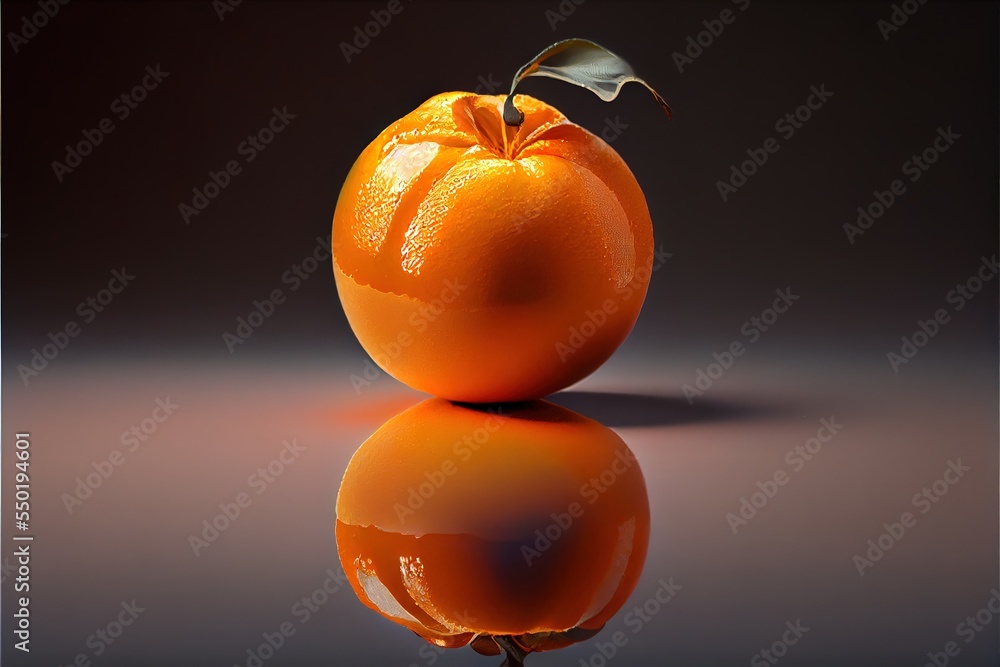 Poster an orange with a leaf on top of it sitting on a table with a reflection of it on the surface. genera