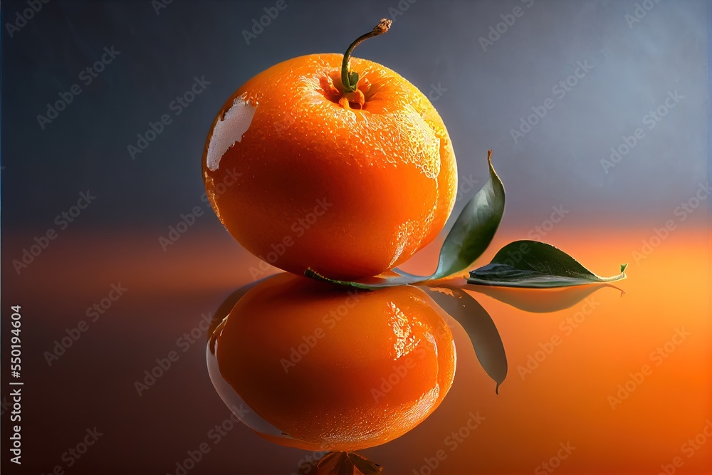 Poster a orange with a leaf on top of it on a reflective surface with a reflection of itself in the water. 