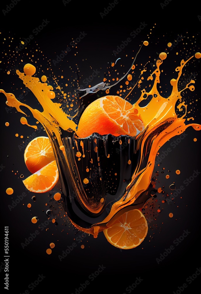 Poster a black background with oranges and splashing liquid on it and a black background with oranges and s