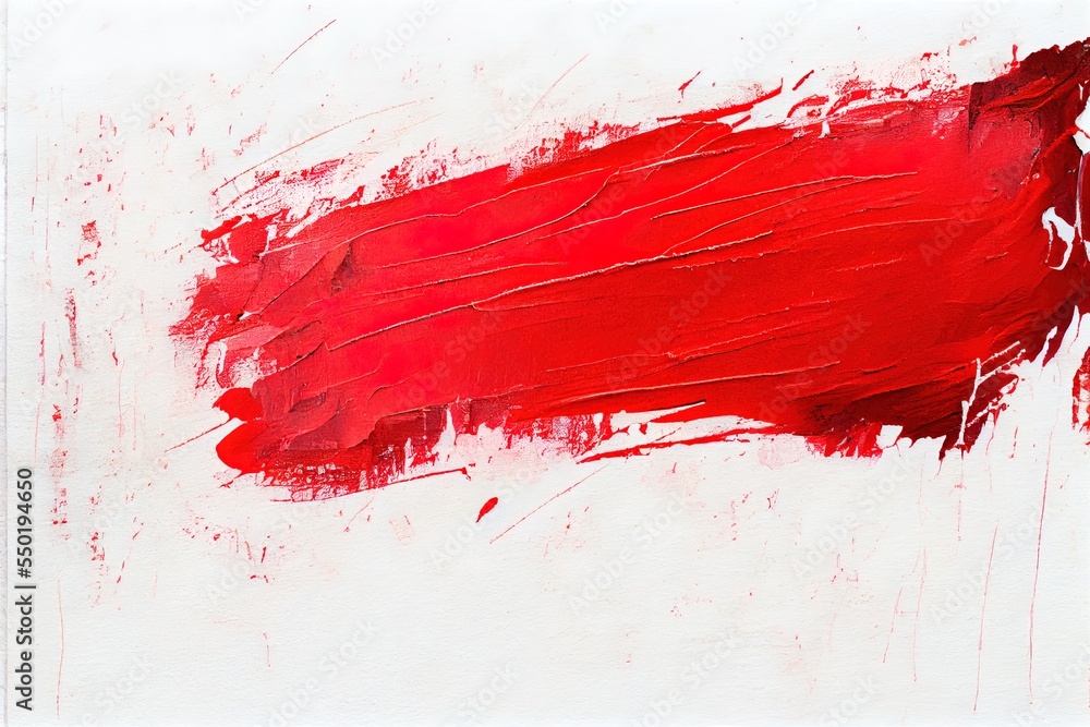 Poster a painting with red paint on it and white background with a red rectangle on the bottom of the paint
