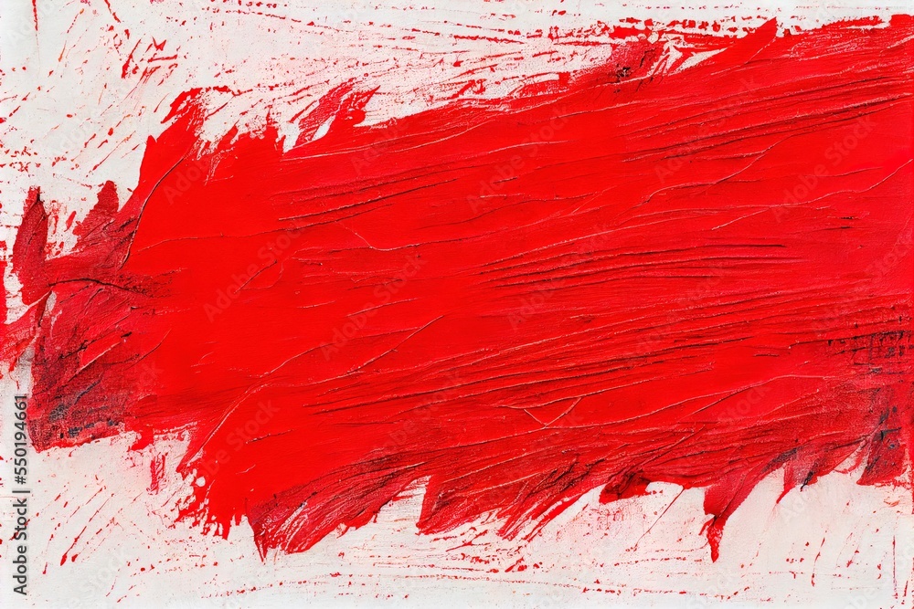 Poster a painting with red paint on it and white background with a red rectangle on the bottom of the paint