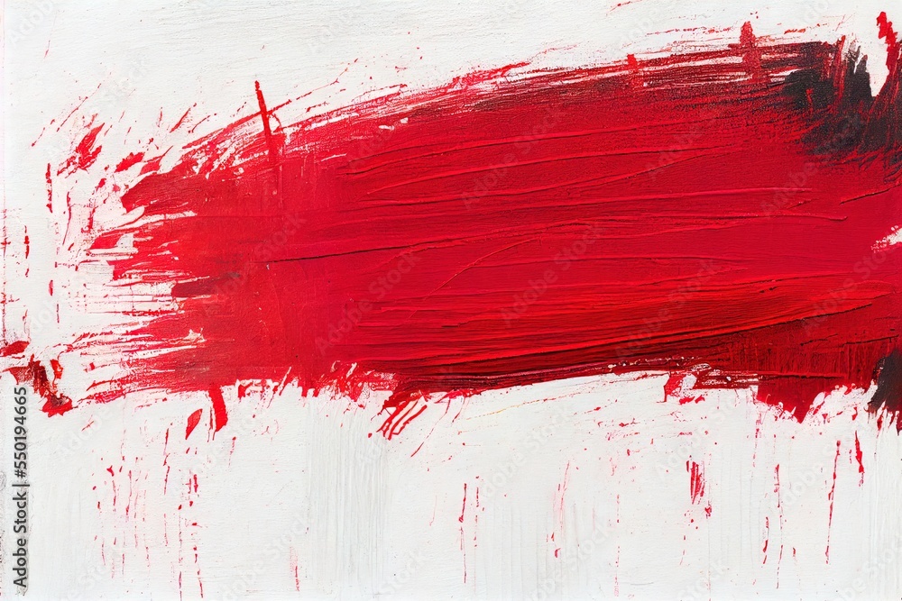 Poster a painting with red paint on it and white background with a red stroke on the bottom of the painting