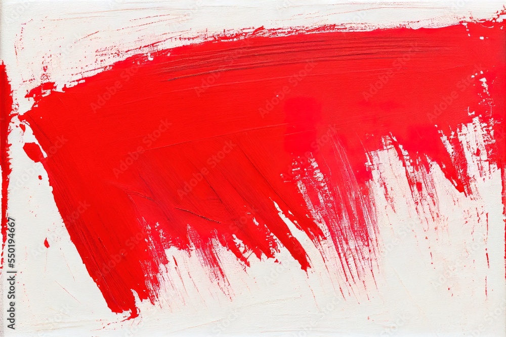 Poster a red and white painting with a red stroke on it's side and a white background with a red rectangle.