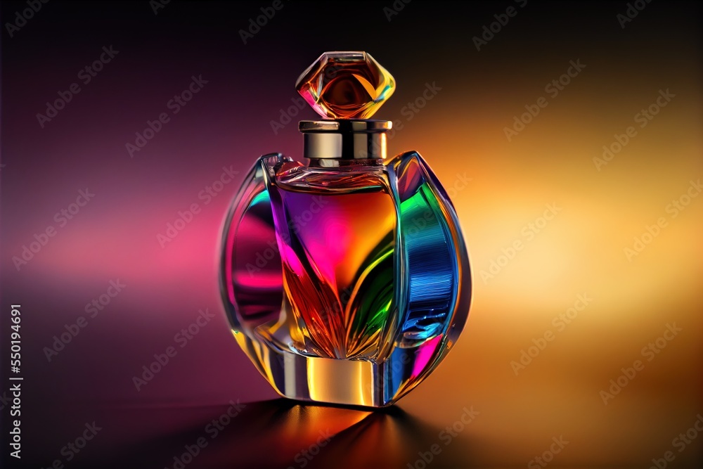 Aufkleber a colorful bottle of perfume on a black background with a rainbow light behind it and a black backgr