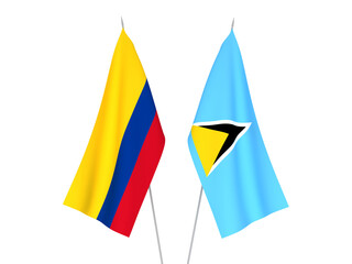 National fabric flags of Colombia and Saint Lucia isolated on white background. 3d rendering illustration.