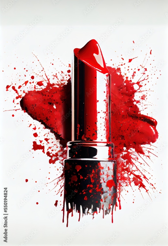 Aufkleber a red lipstick with a splattered red liquid on it's side and a white background with a white border.