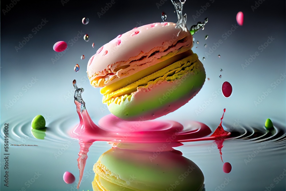 Poster a colorful ice cream sandwich splashing into a pool of water with drops of water on it and a splash 