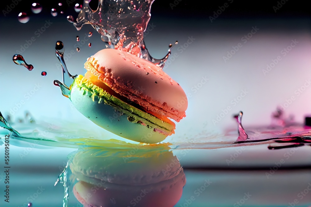 Poster a macaron is splashing into the water with a rainbow colored filling on it's surface. generative ai