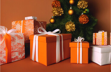 Caja de regalos en colores naranjas con listones blancos, vista superior, esferas y ornamentos...