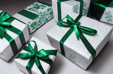 Caja de regalos en colores verde, con listones blancos y verdes, vista superior, esferas y...