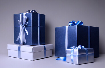 Caja de regalos en colores azul, con listones blancos y azules, vista superior, esferas y...
