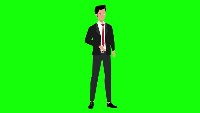 business man cartoon character talking 4k animation green screen