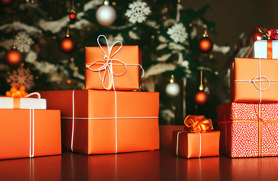 Caja de regalos en colores naranjas con listones blancos, vista superior, esferas y ornamentos navide&ntilde;os, de fondo &aacute;rbol de navidad, regalo de navidad