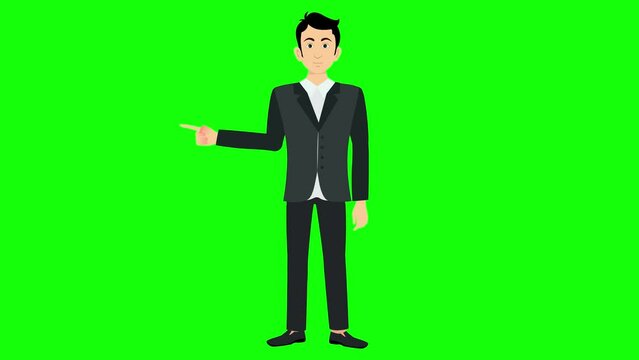 Business man cartoon character talking animation front view green screen