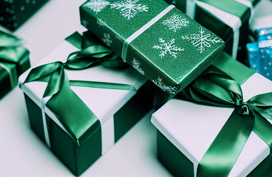 Caja de regalos en colores verde, con listones blancos y verdes, vista superior, esferas y ornamentos navide&ntilde;os, de fondo &aacute;rbol de navidad, regalo de navidad