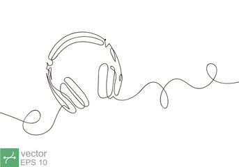 One line drawing of headphone, headset. Music element for listening audio, radio playlist. Continuous line art design isolated on white background. EPS 10.