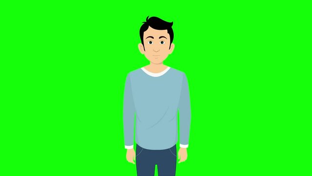 young man talking character animation front View green screen 4k