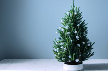Árbol de navidad decorado con esferas blancas con fondo azul
