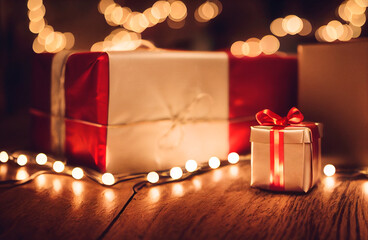 Concepto de regalos de Navidad. Foto de vista de perfil, de cajas de regalo, adornos con listón verde, caja de regalo rojo y blanco, box, luces de fondo sobre mesa de madera 