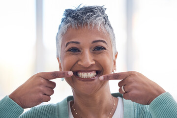 Senior woman, smile and hands for teeth wellness or happy for healthy cleaning care. Elderly person, happiness portrait and dental healthcare or cosmetic facial care, tooth whitening and oral hygiene