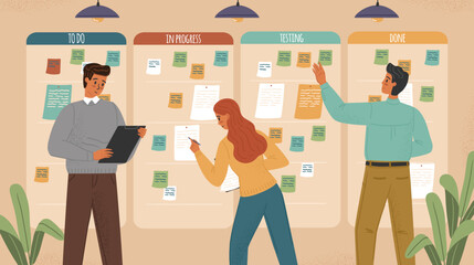 People move sticky notes on kanban board. Agile project development concept vector illustration. Business team work with agile methodology. Daily tasks in progress on kanban board