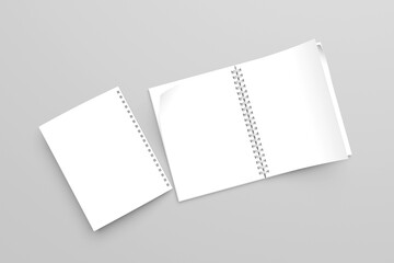 Open and closed notebook or notepad with binder for mockup isolated on grey background. 3d rendering