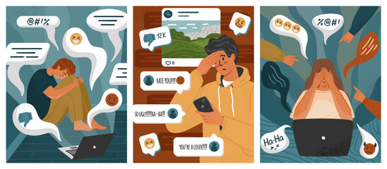 Cyberbullying in social media concept vector set. Online abuse and cyber harassment. Upset teen girl crying in front of computer. Online haters, hate speech, negative emoji