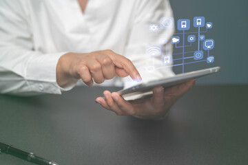 Businesswoman,marketing concept connected globally wireless communication, graph screen showing business growth through digital network,finance,investment, information, planning and   success.