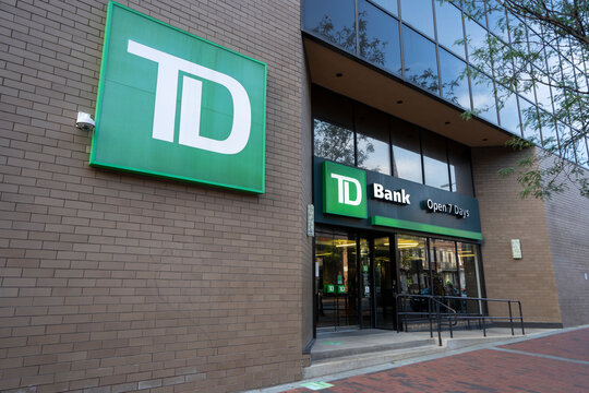 Philadelphia, PA, USA - June 26, 2022: Front view of a TD Bank branch in Philadelphia, Pennsylvania. TD Bank, N.A. is an American national bank and the U.S. subsidiary of the TD Bank Group.